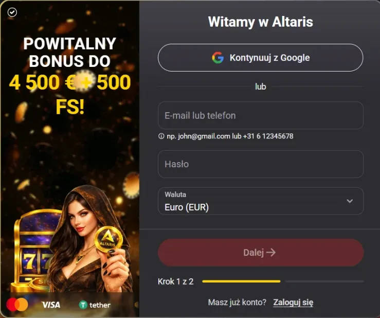 Formularz rejestracji nowego konta gracza na stronie Altaris Casino