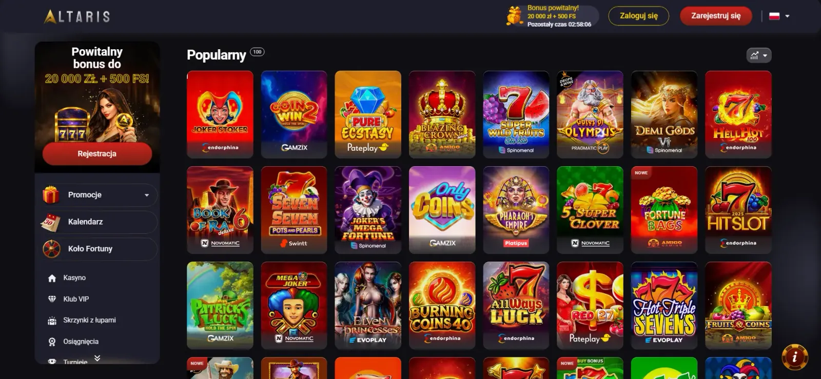 Katalog gier i automaty wideo dostępne w lobby Altaris Casino